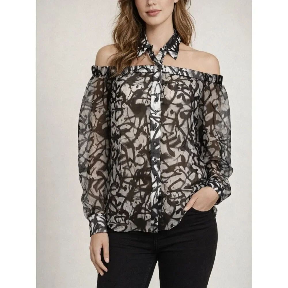 Nicole Miller Artelier Silk Sheer Long Sleeve Button Down Shirt Size M